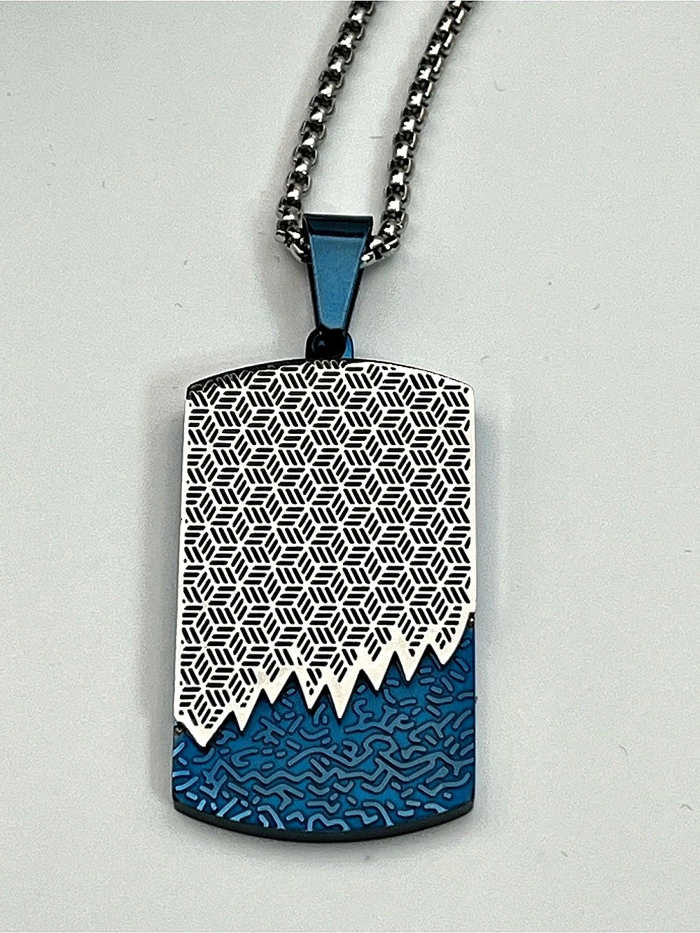 21 1/2”, Stainless Steel Geometric Blue & Silver Pendant Necklace